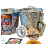 E - Beer Bucket Set with Bar Coasters and Metal Ice Pail