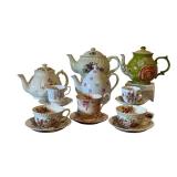 Collection of 3 English Teapots, 4 Bone China Cup and Saucer Sets, and 5 Teapot Print Placemats