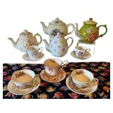 Collection of 3 English Teapots, 4 Bone China Cup and Saucer Sets, and 5 Teapot Print Placemats