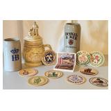German Beer Stein and Mug Collection with Vintage Coasters