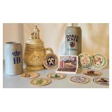 German Beer Stein and Mug Collection with Vintage Coasters