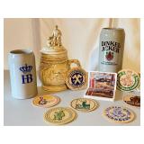 German Beer Stein and Mug Collection with Vintage Coasters