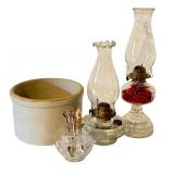 Crock, Two Glass Oil Lamps, Spooner with Spoons Vintage Collection