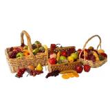 LL - Set of 3 Wicker Baskets with Faux Fruit Assortment