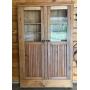 Antique Primitive Wood Cabinet with Glass Doors and Shelves