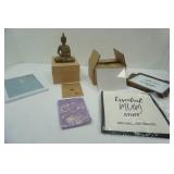 Decor Lot: Metal Buddha Statue, Picture Frames, Mothers Day Tote Bag