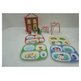 Wooden Gingerbread House w/Figures, Kids Christmas Plates, Small Candy Tables