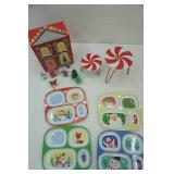 Wooden Gingerbread House w/Figures, Kids Christmas Plates, Small Candy Tables