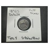 1872 S Half Dime Type 4 "s" below bow