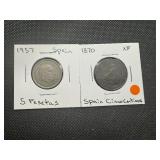 1870 XF Cinco Centimos + 1957 5 Pesetas