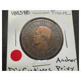1855 BB French Dix Centimes Anchor Privy