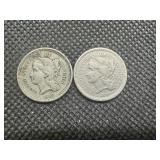 1866 (2) 3 Cent Nickels