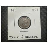 1865 XF+ 3 Cent Nickel Die Cud Obverse on Rim to left of Liberty