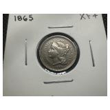 1865 XF+ 3 Cent Nickel Die Cud Obverse on Rim to left of Liberty