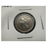 1865 XF+ 3 Cent Nickel Die Cud Obverse on Rim to left of Liberty