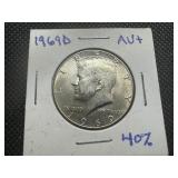 1969 D AU+ Kennedy 40% Silver Half Dollar