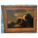 Antique Framed Landscape Oil Painting with Cottage Scene, 28 x 21.5 in