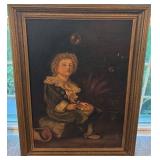 Vintage Framed Oil Painting of Boy Blowing Bubbles 35.5 x 26.5 Unsigned