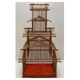 EST. $150.00-$290.00 Vintage Asain Pagoda Style Teak Wood And Bamboo Birdcage 10" x 13" x 28"