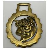 Antique Ornate Bull Adorned Brass Horse Bridle Medallion 3" x 4"