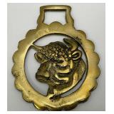 Antique Ornate Bull Adorned Brass Horse Bridle Medallion 3" x 4"
