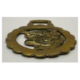 Antique Ornate Bull Adorned Brass Horse Bridle Medallion 3" x 4"