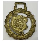 Antique Ornate Bull Adorned Brass Horse Bridle Medallion 3" x 4"