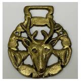 Antique Brass Reigndeer Adorned Horse Bridle Medallion 2 3/4" x 3 3/8"