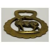 Antique Brass Red Stagg Adorned Horse Bridle Medallion 2 1/2" x 3 1/2"