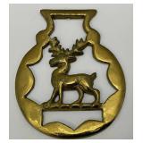 Antique Brass Reigndeer Adorned Horse Bridle Medallion 3" x 3 5/8"