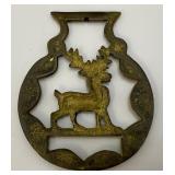 Antique Brass Reigndeer Adorned Horse Bridle Medallion 3" x 3 5/8"