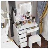 FUFU&GAGA 5-Drawers White Makeup Vanity Sets Dressing Table Sets With Stool, Mirror, LED Light and 3-Tier Storage Shelves  Customer Returns See Pictures