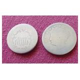 (2) Vintage Nickels - Shield Nickel & "V" Nickel