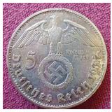 1937 German Third Reich Silver 5 Mark Coin