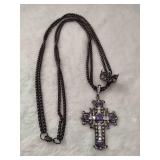 Crystal & Amethyst Gun Metal Crown & Cross Double Box Chain Necklace