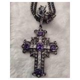 Crystal & Amethyst Gun Metal Crown & Cross Double Box Chain Necklace