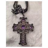Crystal & Amethyst Gun Metal Crown & Cross Double Box Chain Necklace