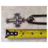 Crystal & Amethyst Gun Metal Crown & Cross Double Box Chain Necklace
