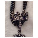 Crystal & Amethyst Gun Metal Crown & Cross Double Box Chain Necklace