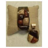 925 Jay King DTR Petrified Wood Mix & Stone Pendant & Cuff Bracelet