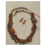 You & I Multi-Strand Crocheted Bronze & Gold Tone Beaded Necklace & Earrings Set