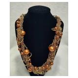 You & I Multi-Strand Crocheted Bronze & Gold Tone Beaded Necklace & Earrings Set