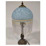 Frosted Blue Glass Boudoir Lamp w/Dangling Beads