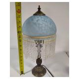 Frosted Blue Glass Boudoir Lamp w/Dangling Beads