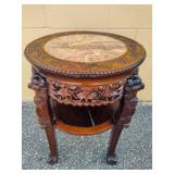 Hand Carved Wood Table w/Marble Top