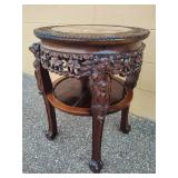 Hand Carved Wood Table w/Marble Top