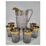 Pressed Gold Vintage Crystal Pitcher & Six Glasses