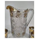Pressed Gold Vintage Crystal Pitcher & Six Glasses