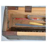 Wooden Military Storage Box 6 1/2" x 30" x 8 1/2" with Misc Hand Tools - Hack Saw and Blades, Screwdrivers, Pliers