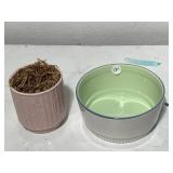 Pair of Ceramic Planters - Pink and Green, Textured and Smooth